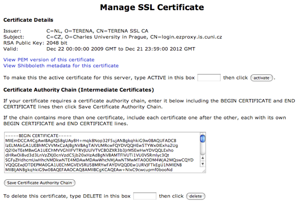 Správa certifikátů v EZproxy